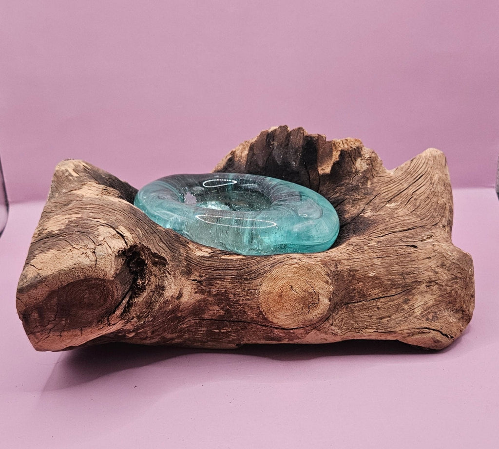 Teak Driftwood and Molten Glass Tea Light Candle Holder